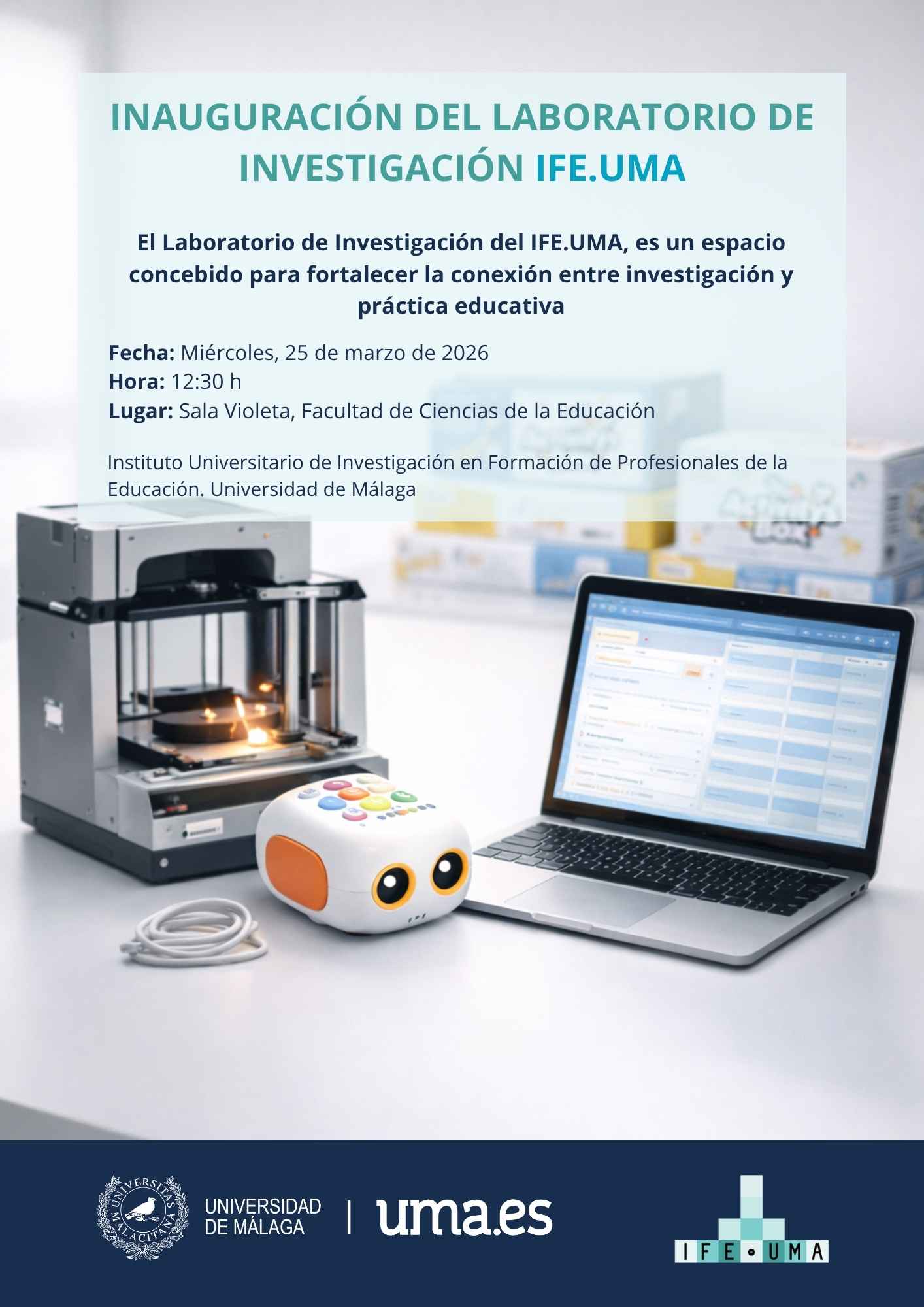 Inauguración del Laboratorio de Investigación del IFE.UMA en la Universidad de Málaga con equipamiento tecnológico educativo